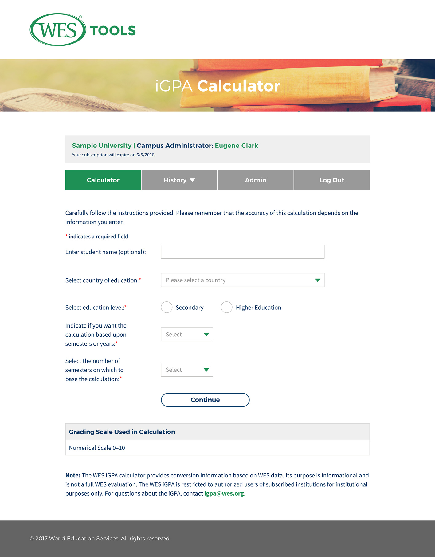 Design for the data-entry page of World Education Services' iGPA calendar. Includes nav for calculator, history, admin, and logout; also includes text fields and radio buttons to enter student information.