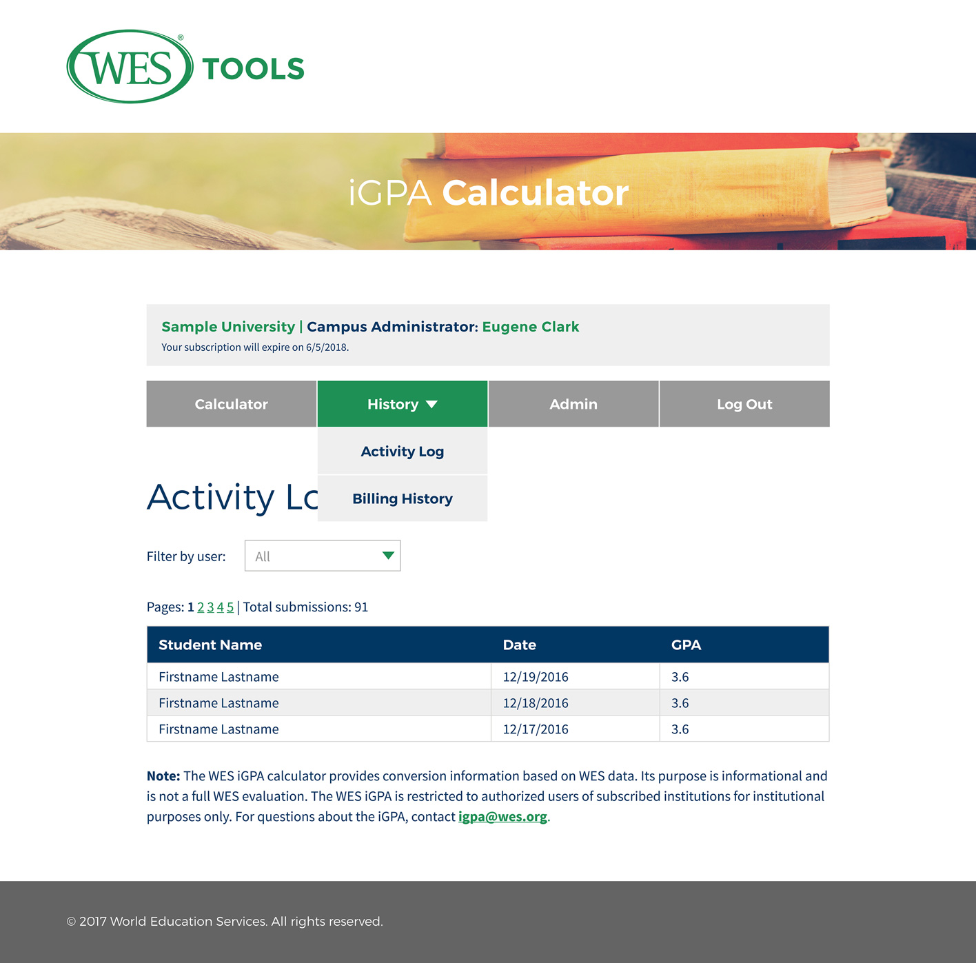 Design for the history page of World Education Services' iGPA calendar. Includes active nav for history with dropdown for activity log and billing history, and list of students, dates, and GPAs. 